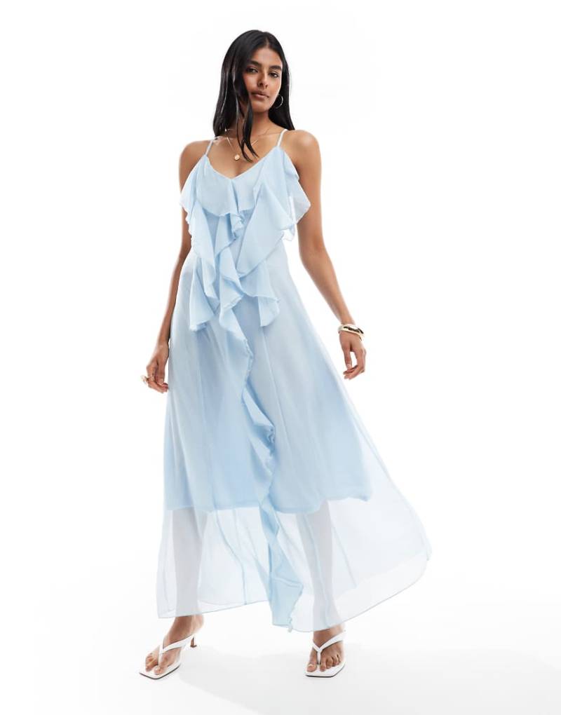 Vero Moda - Boho-Trägerkleid in Maxilänge in Blau mit Rüschen von Vero Moda