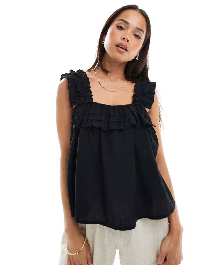 Vero Moda - Camisole in Schwarz mit plissiertem Rüschenbesatz von Vero Moda