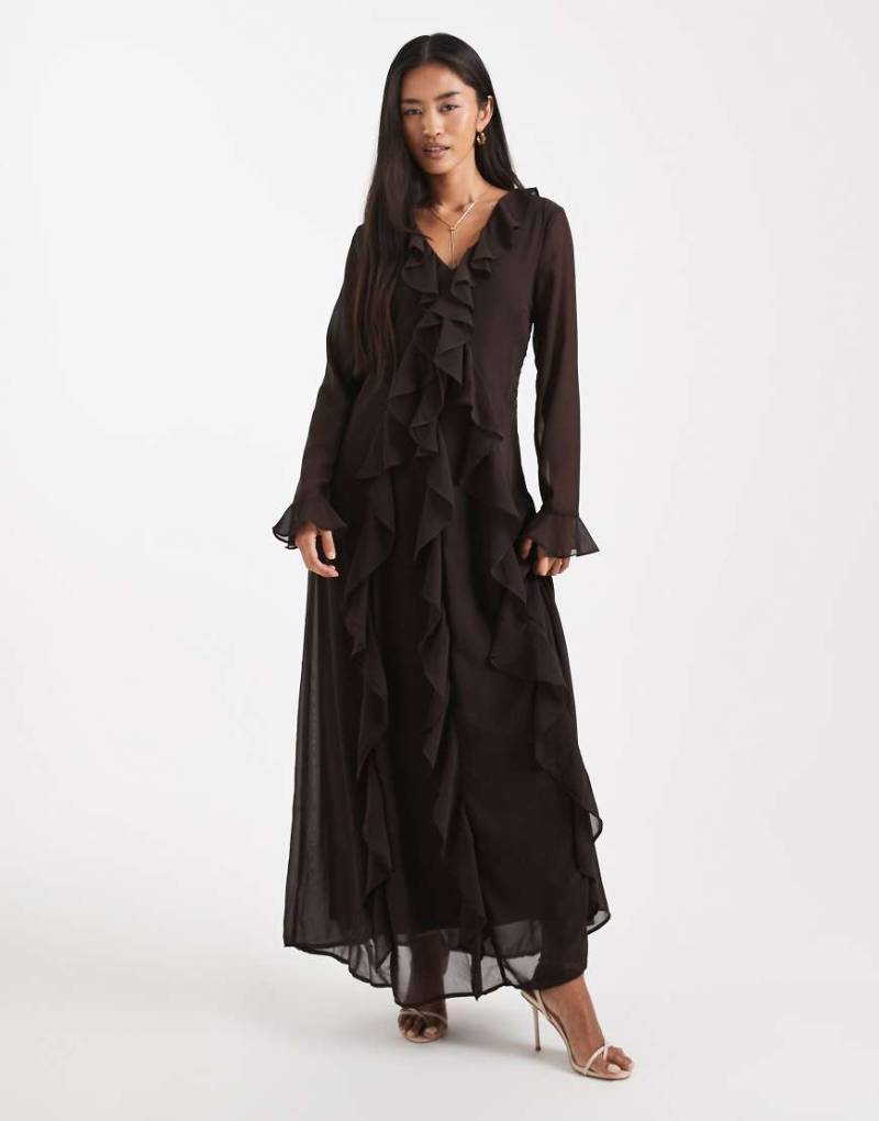 Vero Moda - Chiffon-Maxikleid im Boho-Stil mit Rüschendetail in Schokobraun-Brown von Vero Moda