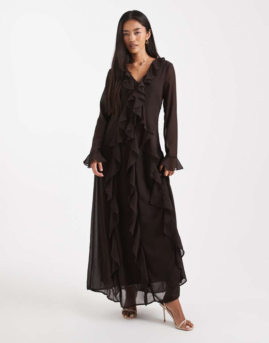Vero Moda - Chiffon-Maxikleid im Boho-Stil mit Rüschendetail in Schokobraun-Brown von Vero Moda
