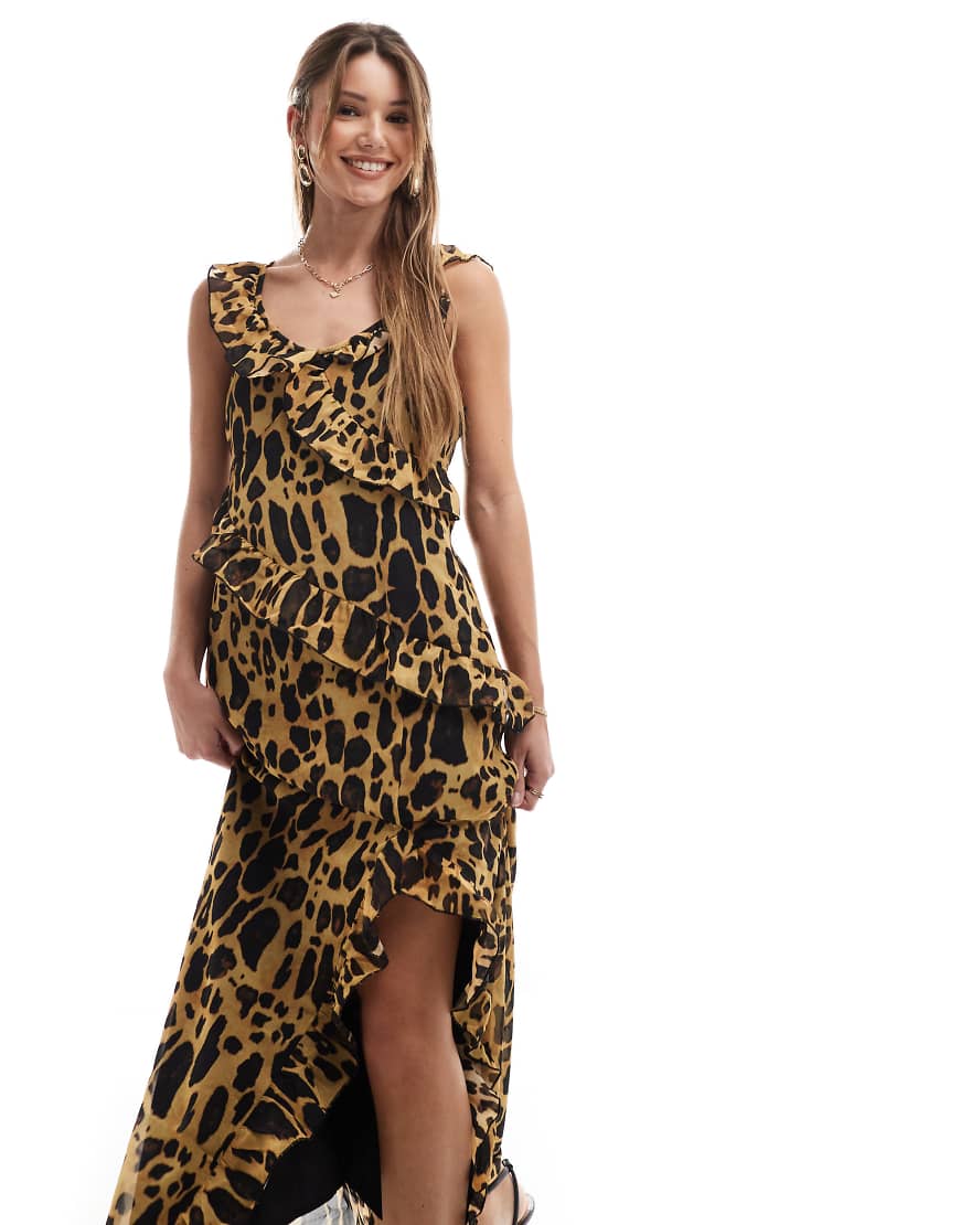 Vero Moda - Chiffon-Maxikleid in Natur mit Rüschen und Leopardenmuster-Bunt von Vero Moda