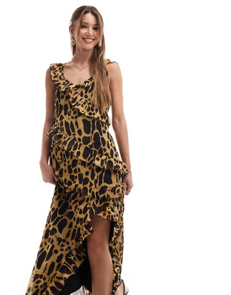Vero Moda - Chiffon-Maxikleid in Natur mit Rüschen und Leopardenmuster-Bunt von Vero Moda