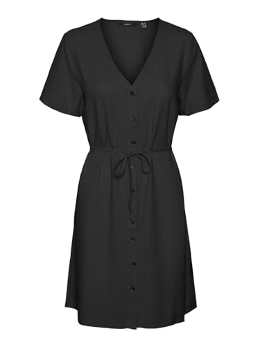 Vero Moda Damen Kurzarm Leinen-Kleid VMMymilo Sommerkleid mit Knopfleiste 10322976 Black XXL von Vero Moda