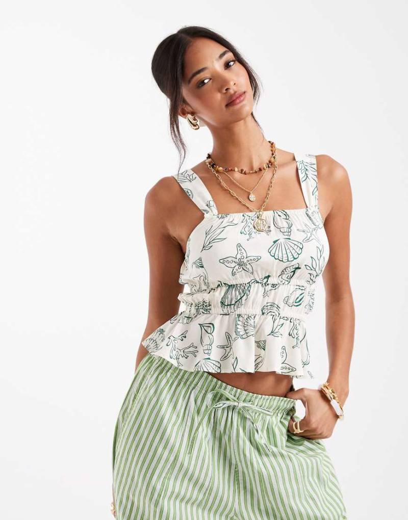 Vero Moda - Easy - Ärmelloses, gesmoktes Oberteil mit maritimem Print-Grün von Vero Moda