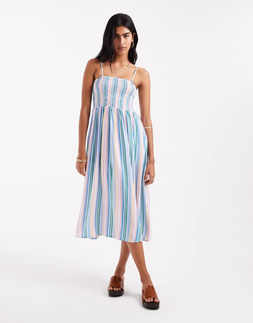 Vero Moda - Easy - Gesmoktes, knöchellanges Trägerkleid mit bonbonfarbenen Streifen-Weiß von Vero Moda