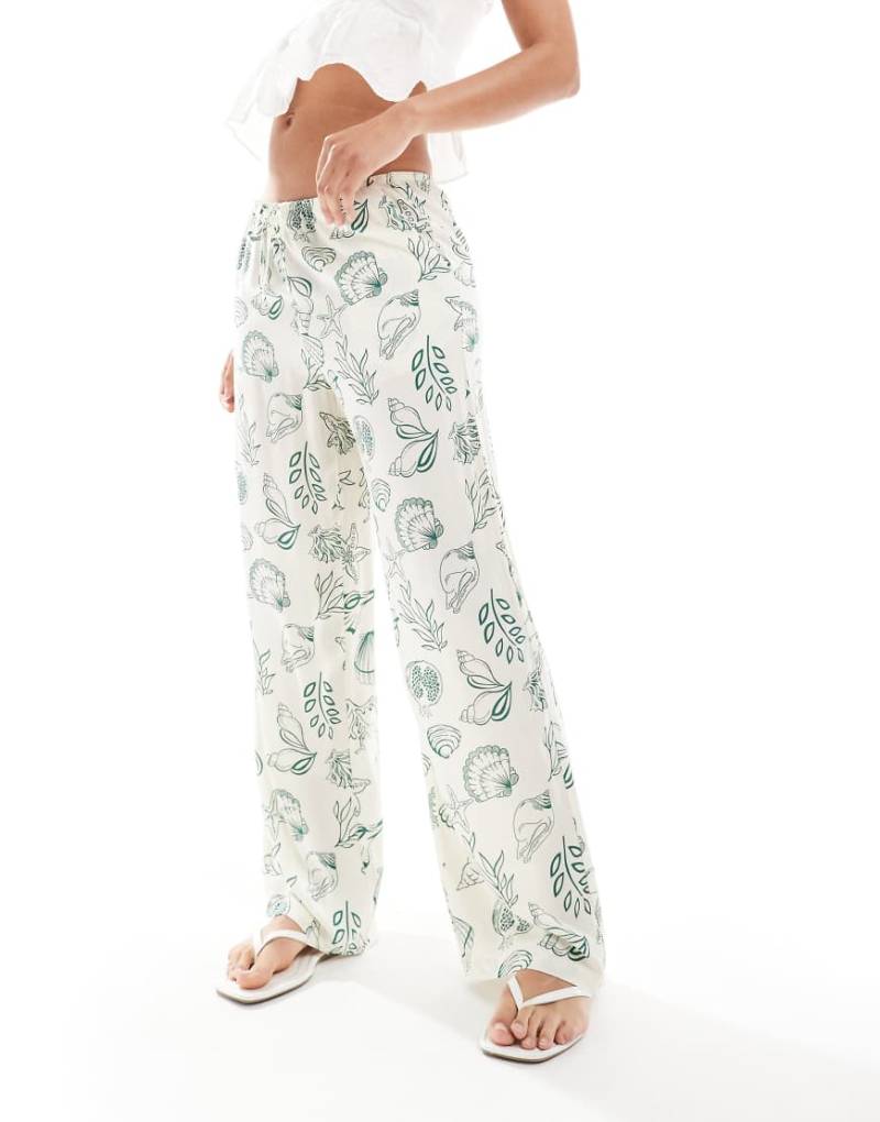 Vero Moda - Easy - Hose mit weitem Bein, Tunnelzug-Bund und Meeres-Themenprint-Grün von Vero Moda