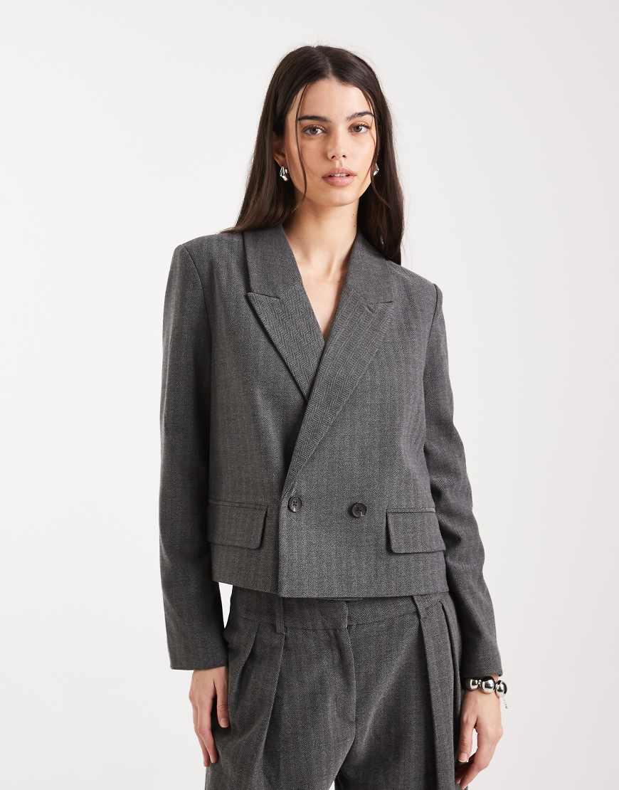 Vero Moda - Eleganter Oversize-Blazer mit Cropped-Schnitt in Mittelgrau mit Fischgrätmuster von Vero Moda