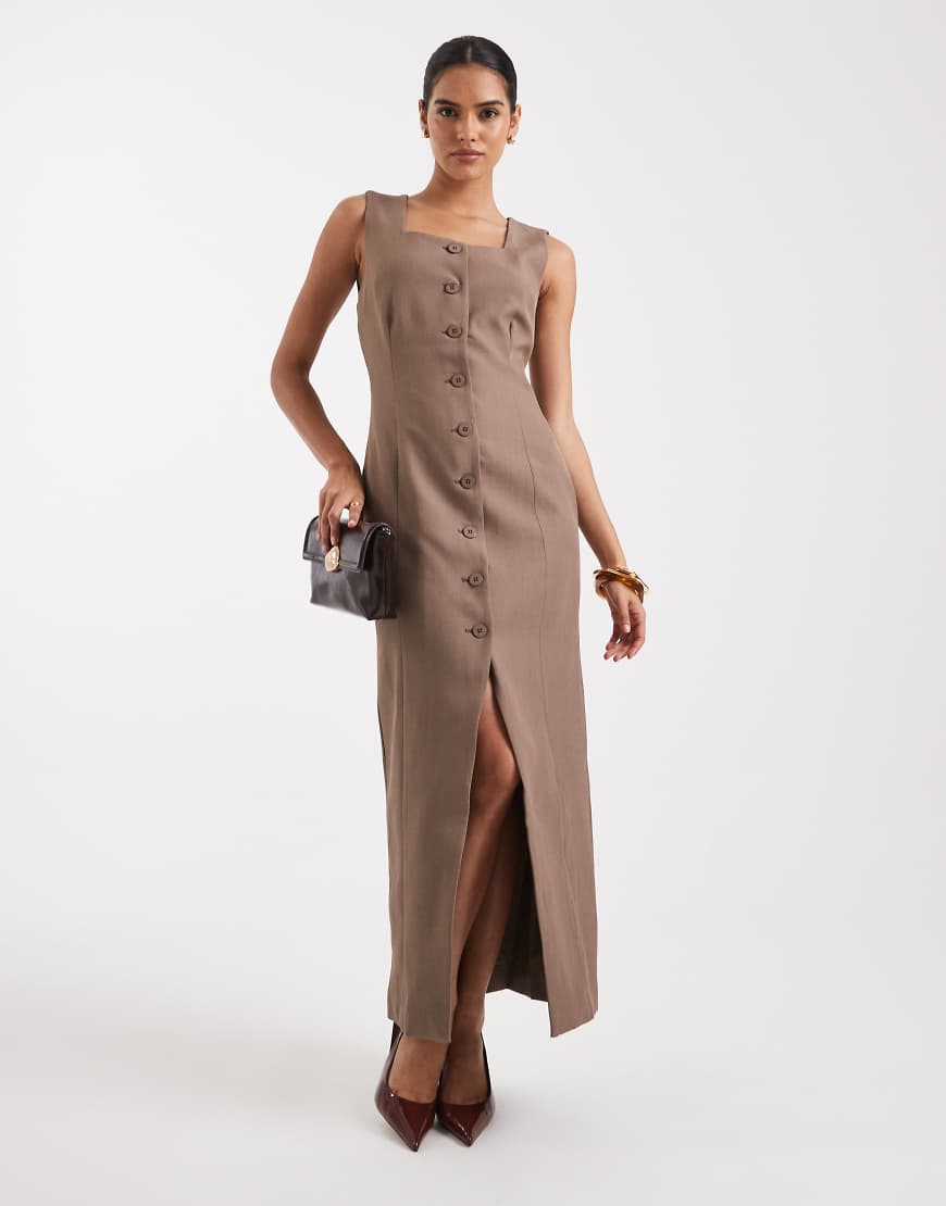 Vero Moda - Elegantes Midikleid in Hellbraun mit eckigem Ausschnitt und Knopfleiste-Neutral von Vero Moda