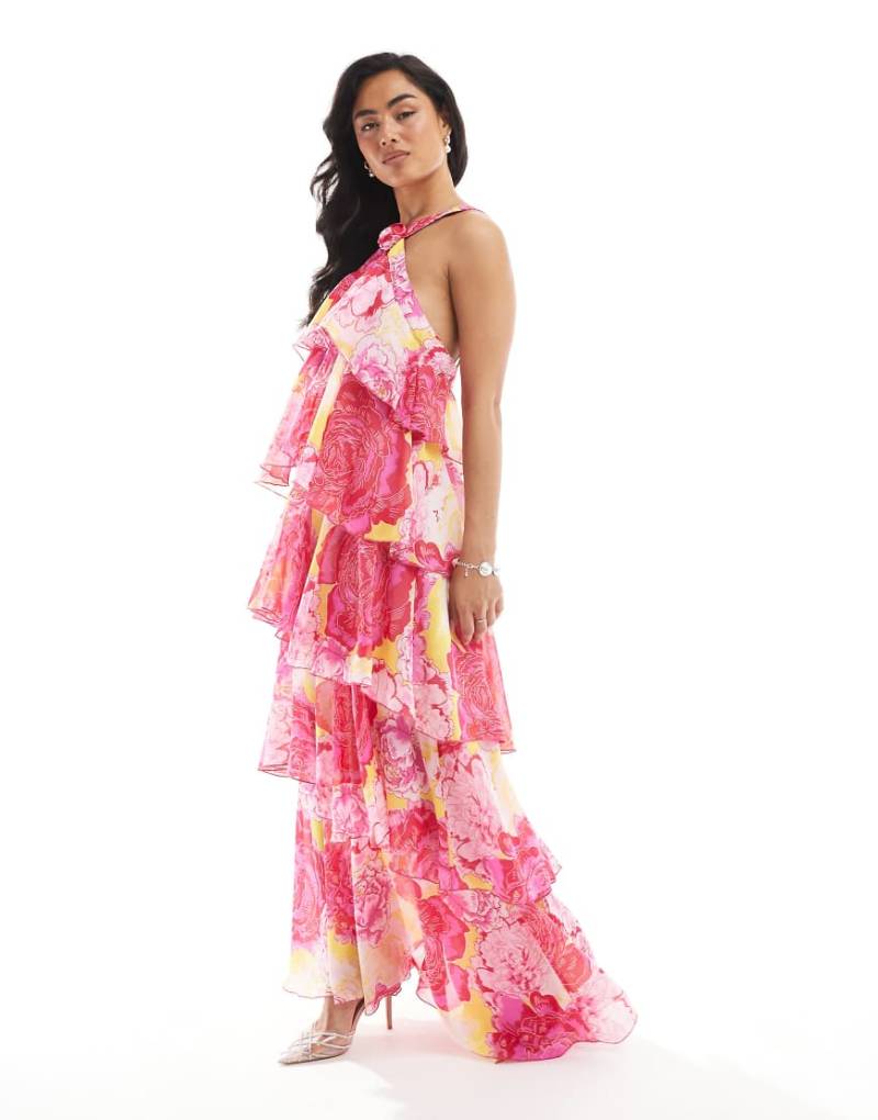 Vero Moda - Felicia - Gestuftes Neckholder-Maxikleid in Fuchsia mit Ansteckblumendetail und Blumenmuster-Rosa von Vero Moda
