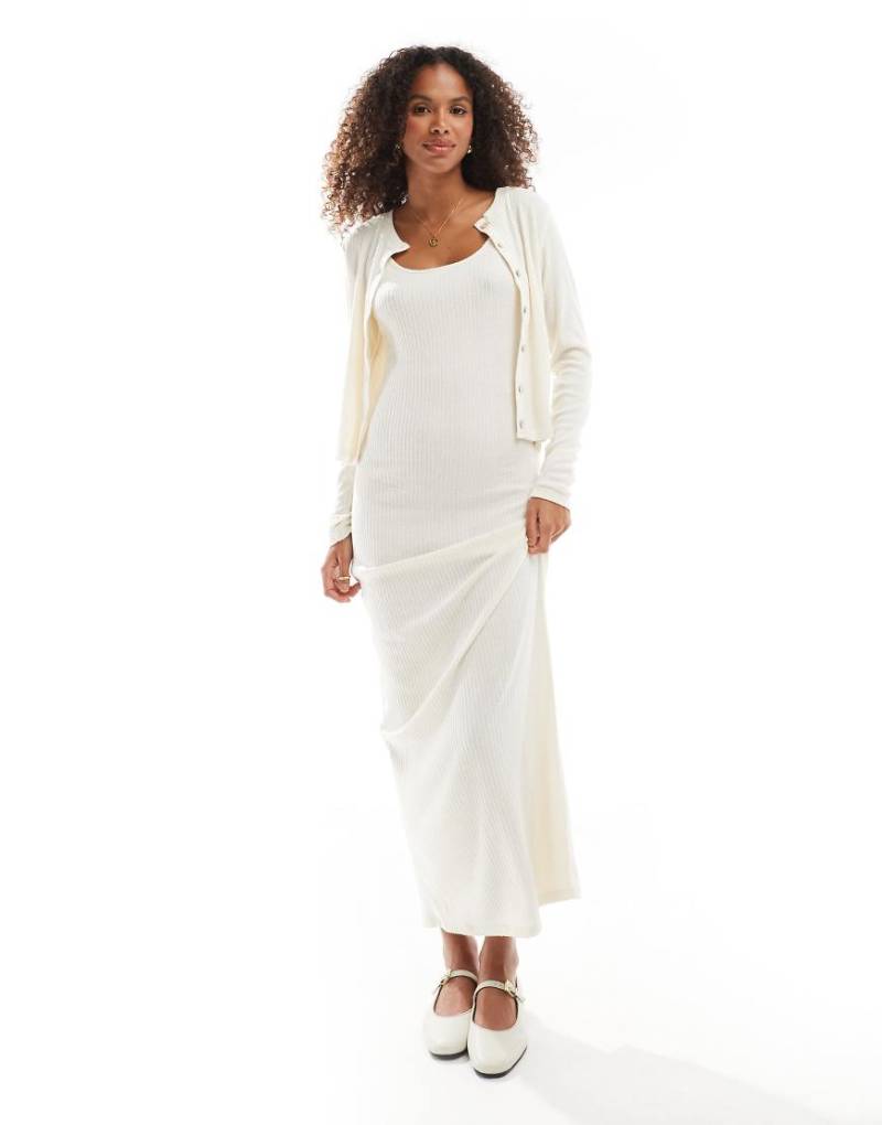 Vero Moda - Geripptes, weiches, knöchellanges Trägerkleid in Creme meliert, Kombiteil-Weiß Vero Moda - Geripptes, weiches, knöchellanges Trägerkleid in Creme meliert, Kombiteil-Weiß von Vero Moda