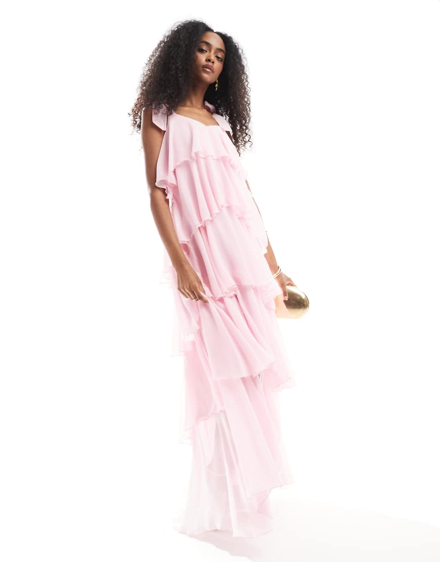 Vero Moda - Gestuftes Maxikleid in Rosa mit Bindedetail an der Schulter von Vero Moda