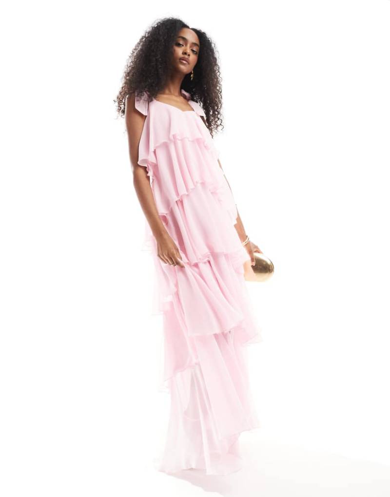 Vero Moda - Gestuftes Maxikleid in Rosa mit Bindedetail an der Schulter von Vero Moda