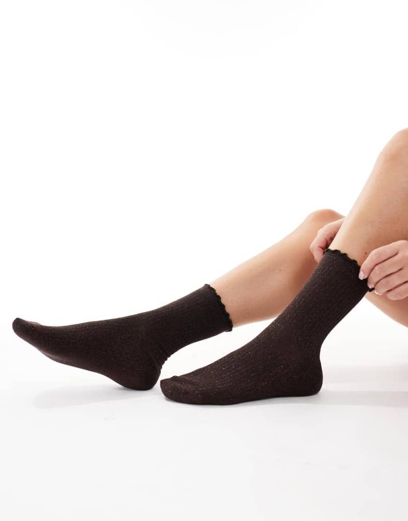 Vero Moda - Glitzernde Socken in Schokobraun mit Kräuselsaum-Brown von Vero Moda