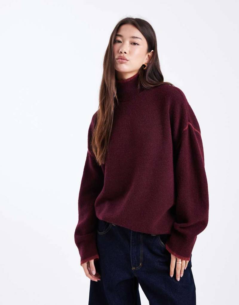 Vero Moda - Hochgeschlossener Strickpullover in Burgunderrot mit farblich abgesetzten Zierstreifen von Vero Moda