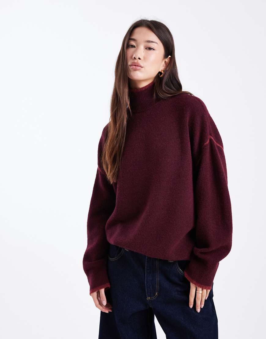 Vero Moda - Hochgeschlossener Strickpullover in Burgunderrot mit farblich abgesetzten Zierstreifen von Vero Moda