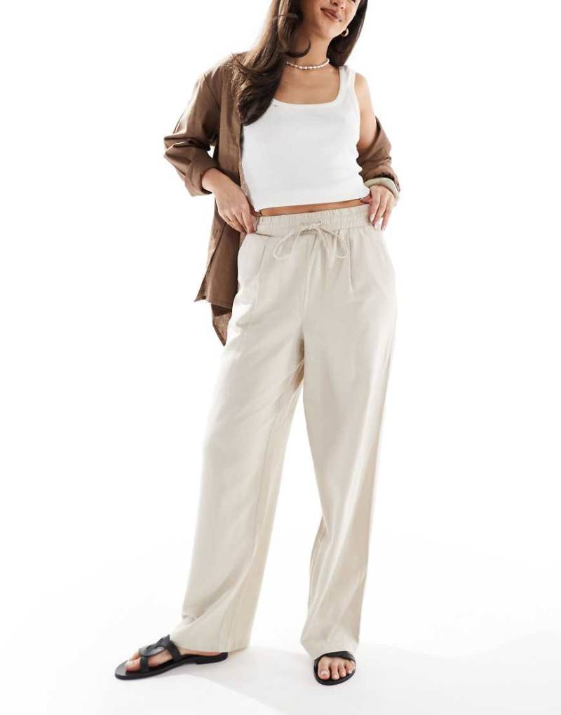 Vero Moda - Hose aus Leinenmix in Stone mit Bindebändern im Bund-Neutral von Vero Moda