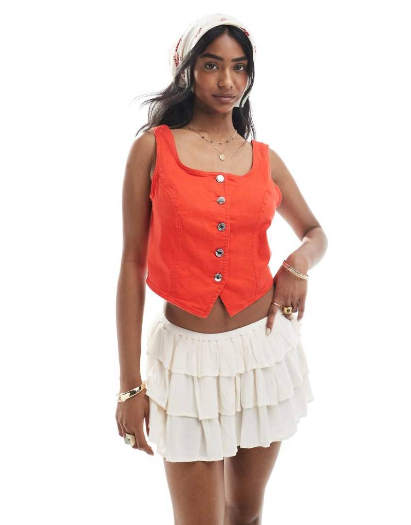 Vero Moda - Korsett-Oberteil aus Denim in Rot mit durchgehender Knopfleiste-Rosa von Vero Moda