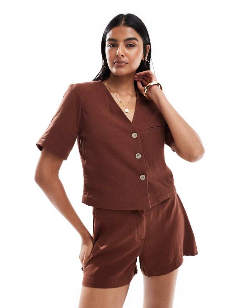 Vero Moda - Kurzärmliger Cropped Blazer in Schokobraun mit Leinenhaptik, Kombiteil von Vero Moda