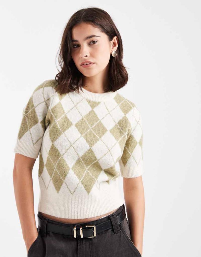 Vero Moda - Kurzärmliger Cropped-Strickpullover mit grünem, kariertem Rautenmuster-Weiß von Vero Moda