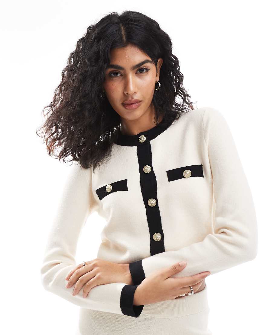 Vero Moda - Kurze Strickjacke in Creme mit Knopfleiste und Kontrastdetails, Kombiteil-Weiß von Vero Moda