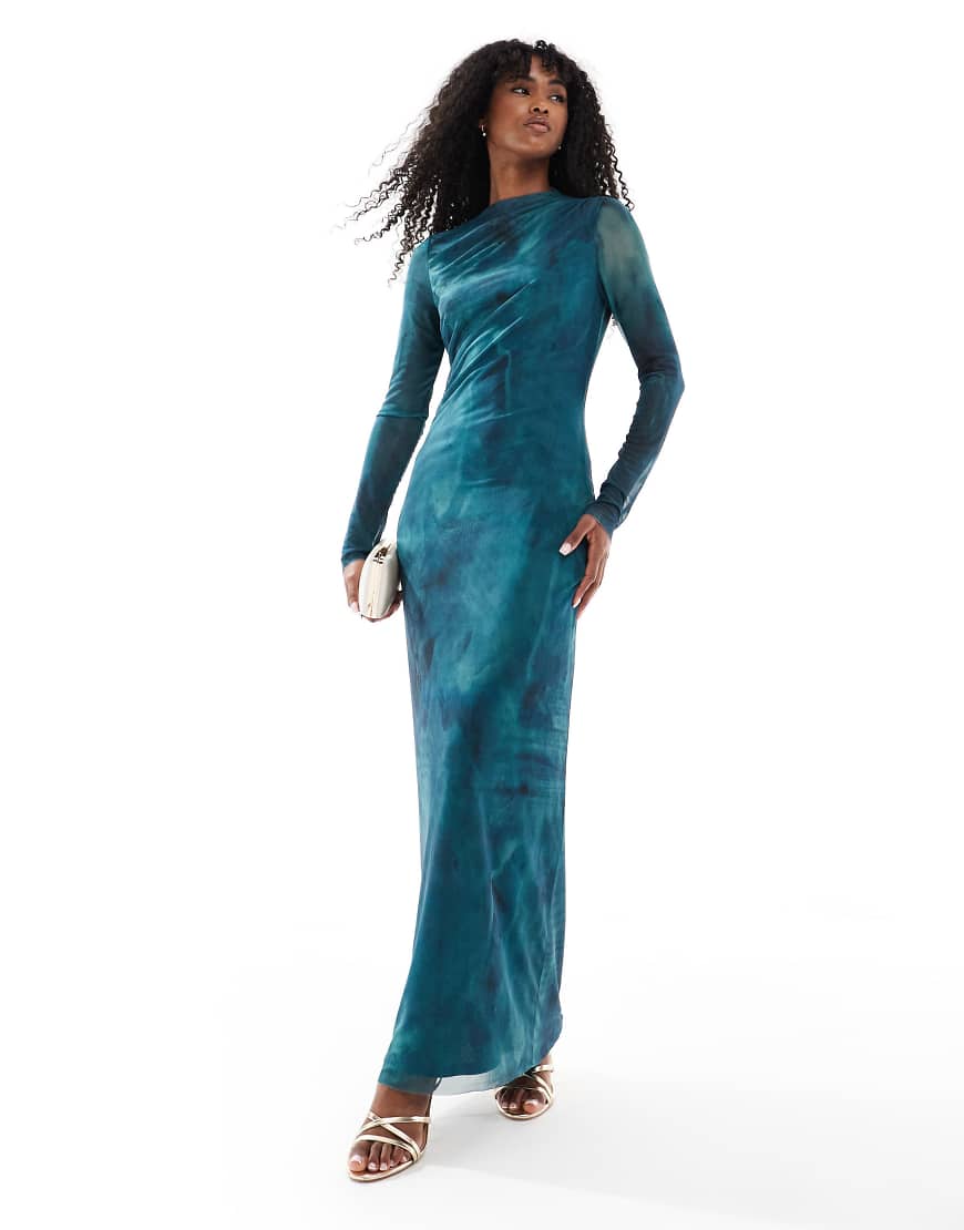 Vero Moda - Langärmliges, fließendes Netzstoff-Maxikleid mit Marmormuster in Petrol und Grün Vero Moda - Langärmliges, fließendes Netzstoff-Maxikleid mit Marmormuster in Petrol und Grün von Vero Moda