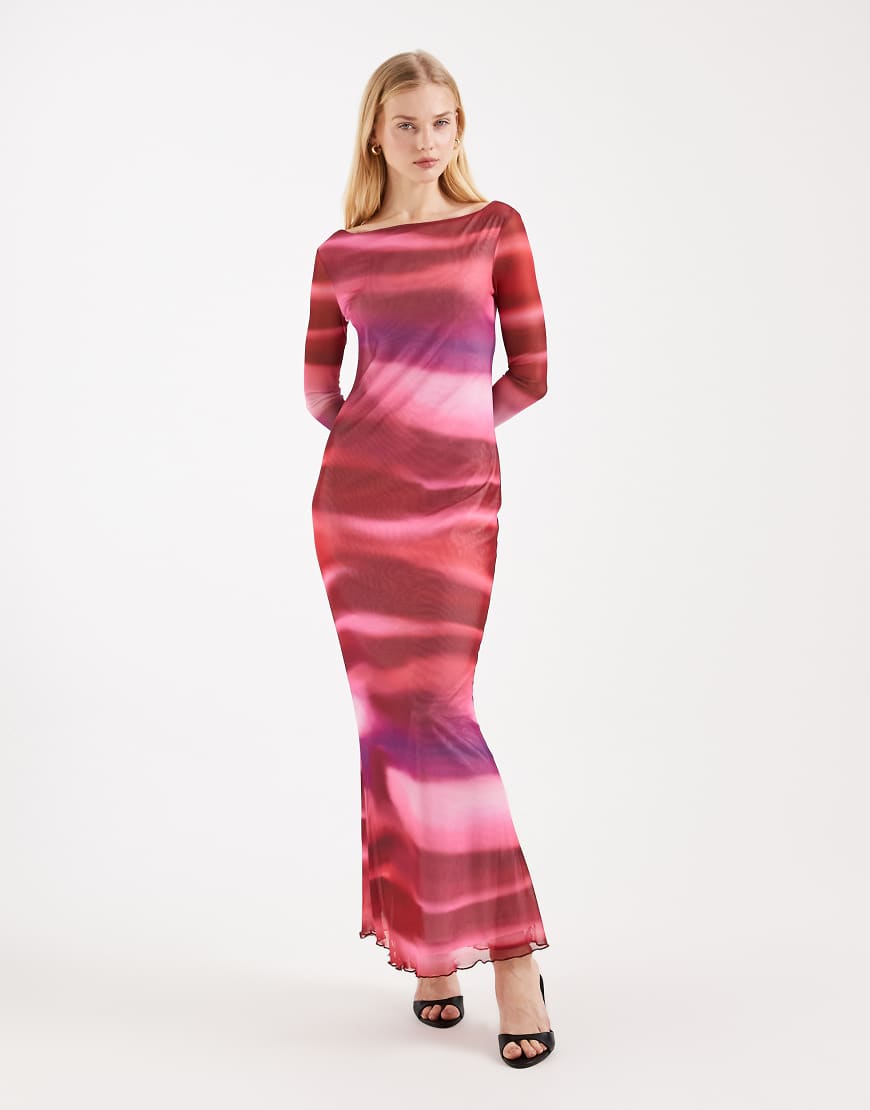 Vero Moda - Langärmliges Maxikleid aus Netzstoff mit abstraktem Muster in Rosa von Vero Moda
