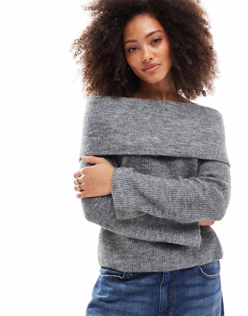Vero Moda - Lockerer, schulterfreier Pullover in meliertem Mittelgrau von Vero Moda