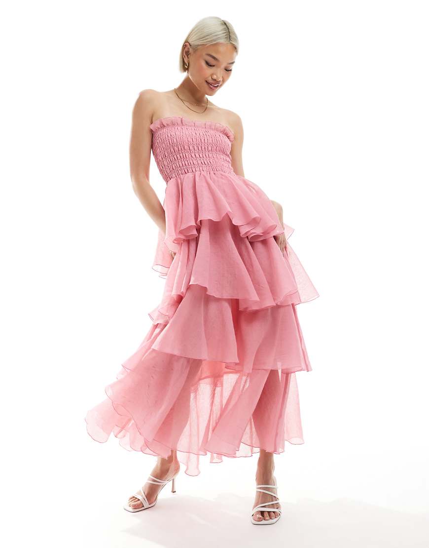 Vero Moda - Maxikleid in Rosa mit gesmoktem Oberteil und gestuftem Rüschensaum von Vero Moda