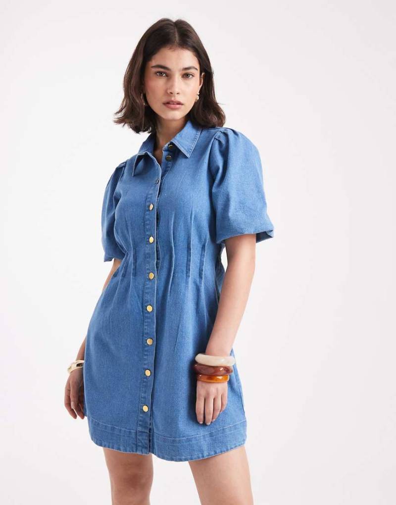 Vero Moda - Mini-Jeanskleid in Mittelblau mit Puffärmeln und plissierter Taille von Vero Moda