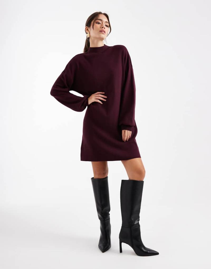 Vero Moda - Mini-Strickkleid in Burgunderrot mit Stehkragen von Vero Moda