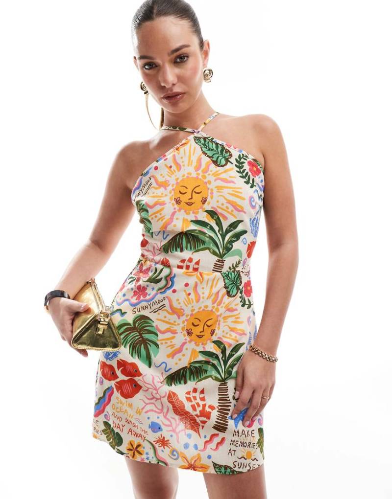 Vero Moda - Minikleid mit Neckholder und auffälligem tropischem Muster-Bunt von Vero Moda