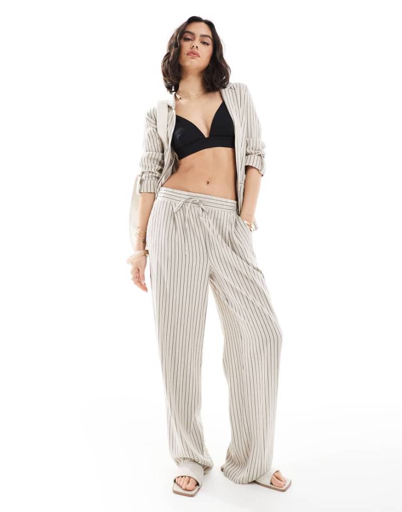 Vero Moda - Mix and Match - Weit geschnittene Hose aus Leinenimitat in Creme gestreift, Kombiteil-Neutral von Vero Moda