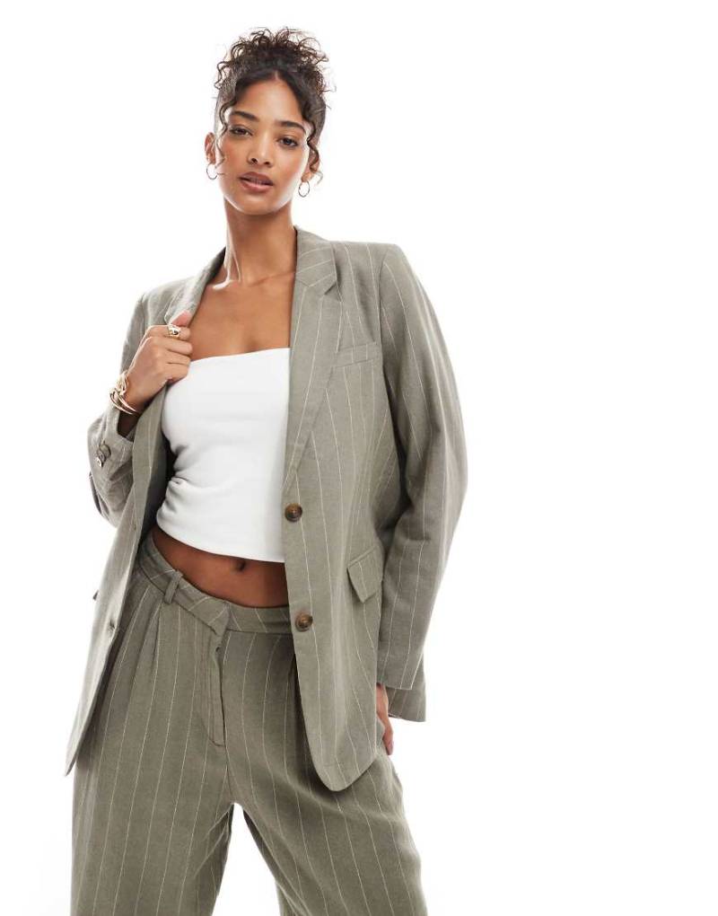 Vero Moda - Oversize-Blazer in gestreiftem Khaki mit Leinenanteil, Kombiteil-Grün von Vero Moda