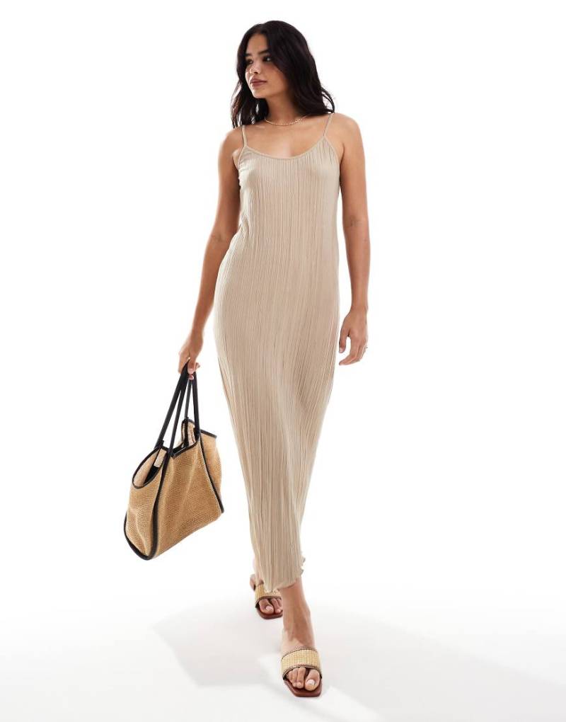 Vero Moda - Plissiertes Jersey-Maxikleid mit asymmetrischem Saum in Beige-Neutral von Vero Moda