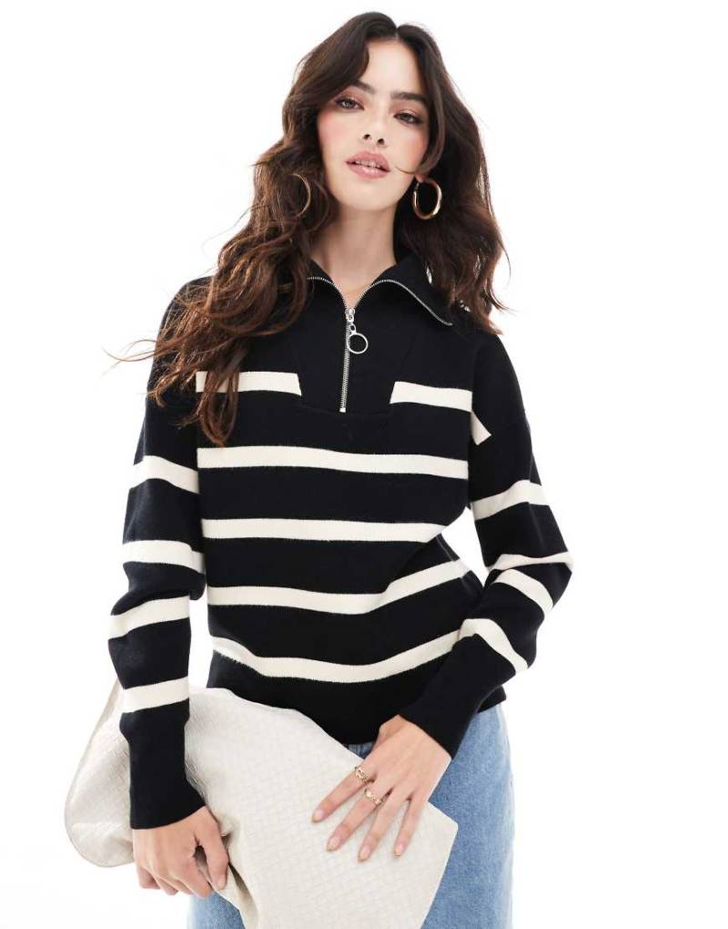 Vero Moda - Pullover in Schwarz mit Reißverschluss und Streifen in Creme von Vero Moda