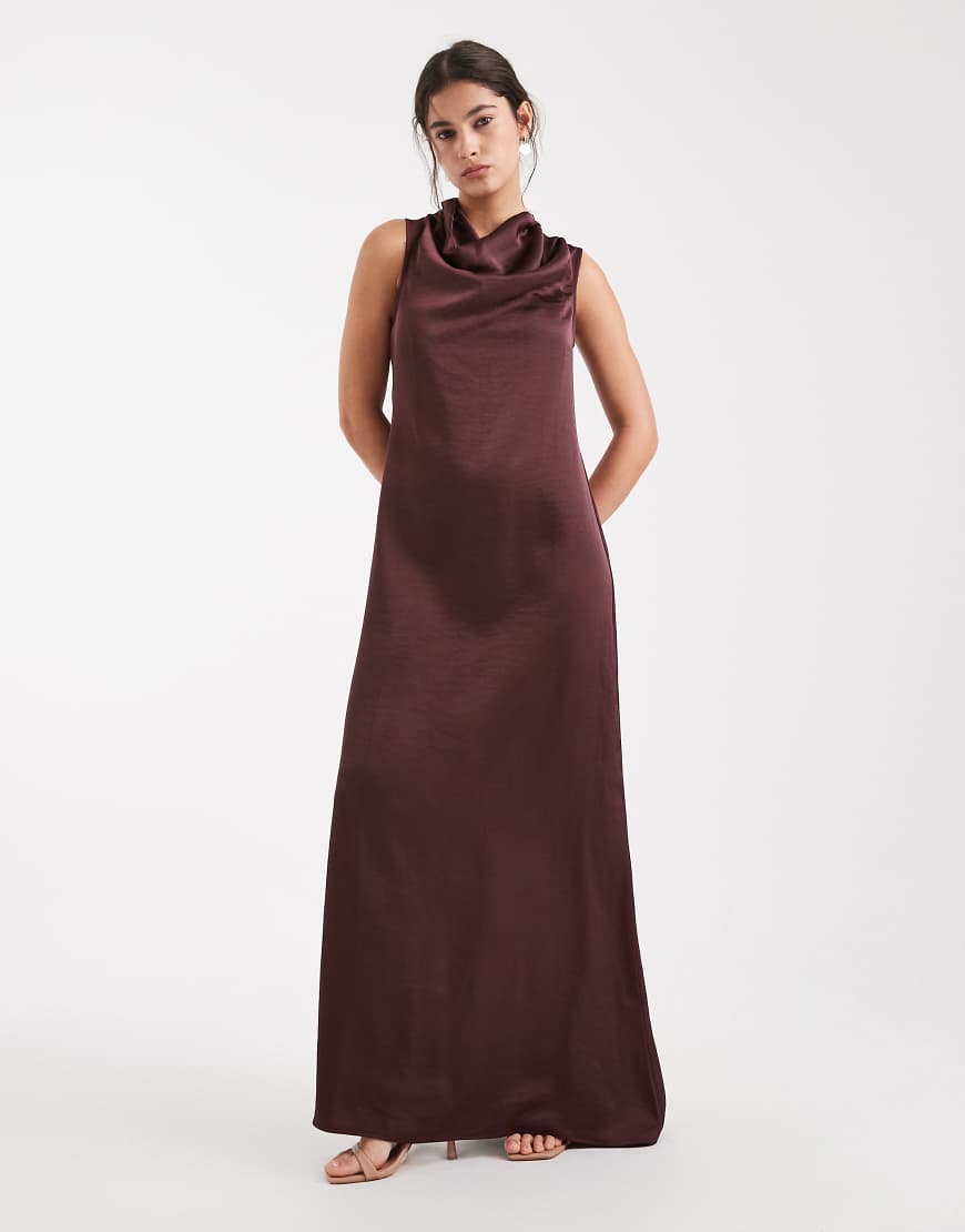 Vero Moda - Satin-Maxikleid in Schokobraun mit drapiertem Ausschnittdetail-Brown von Vero Moda