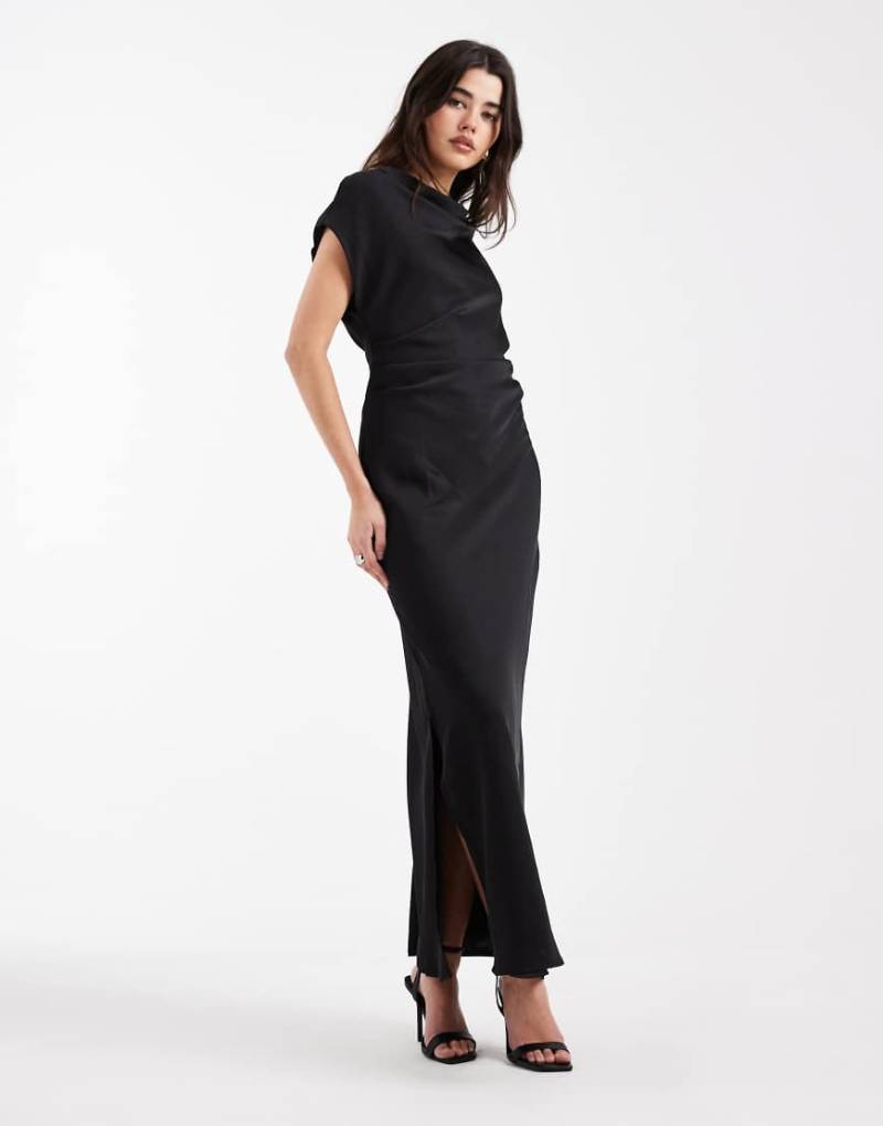 Vero Moda - Satin-Maxikleid in Schwarz mit drapiertem Ausschnitt und Flügelärmeln von Vero Moda