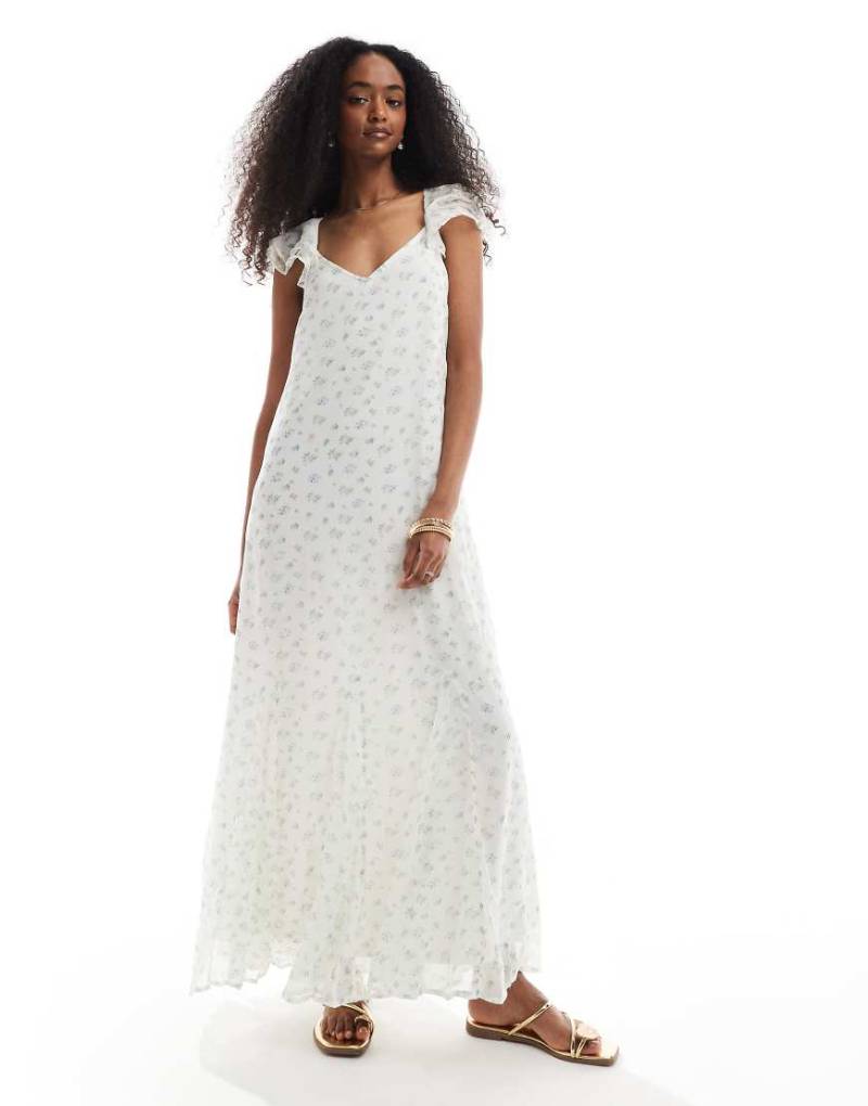 Vero Moda - Smilla - Knöchellanges Kleid in Blau mit Blümchenmuster und Flatterärmeln-Weiß von Vero Moda