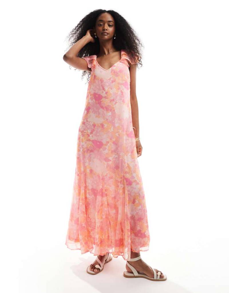 Vero Moda - Smilla - Knöchellanges Kleid in Rosa mit verschwommenem Blumenmuster und Flatterärmeln von Vero Moda