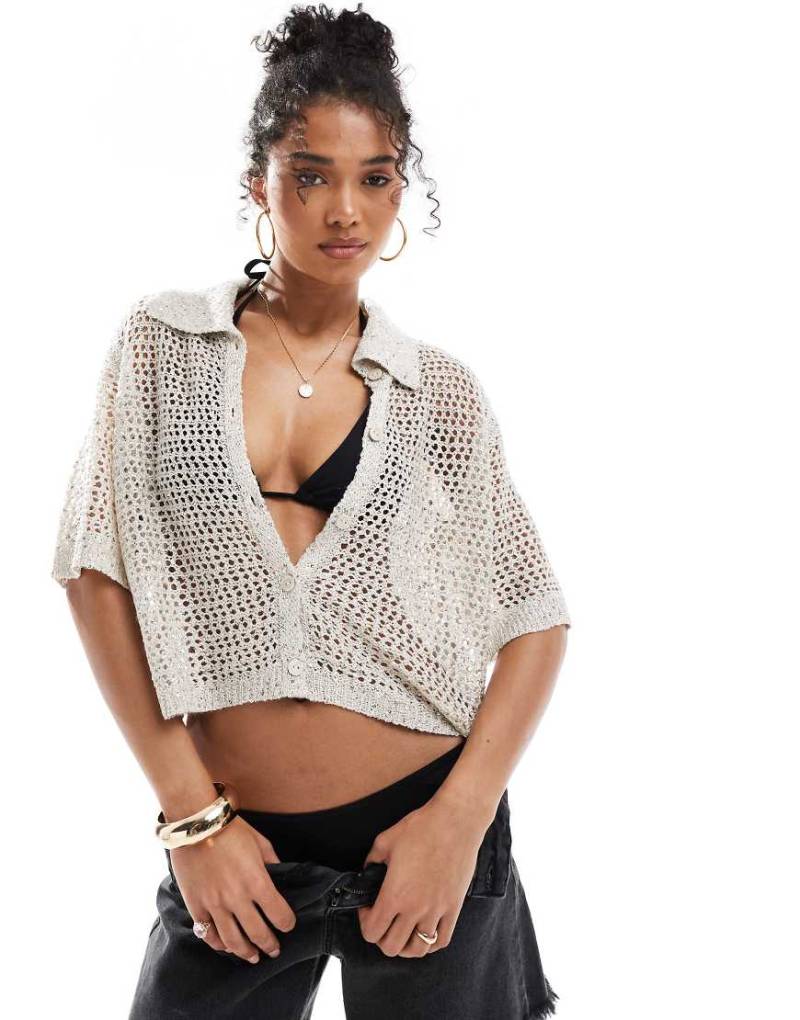 Vero Moda - Strandhemd aus weitmaschigem Strick in Birkenweiß mit Paillettenbesatz-Neutral von Vero Moda