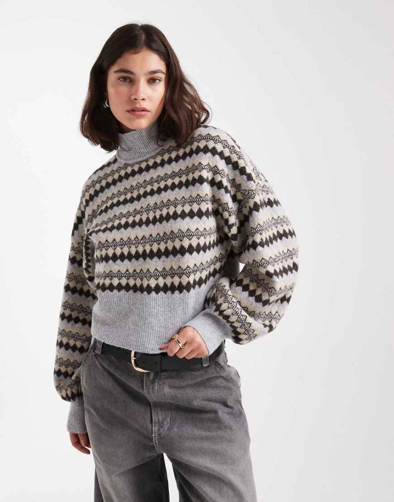 Vero Moda - Strickpullover mit hohem Ausschnitt, Blousonärmeln und Rautenmustern in neutralen Farbtönen-Grau von Vero Moda