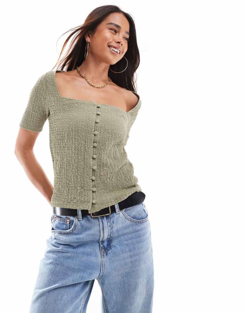 Vero Moda - Strukturiertes Jersey-Oberteil in Khaki mit eckigem Ausschnitt-Grün von Vero Moda