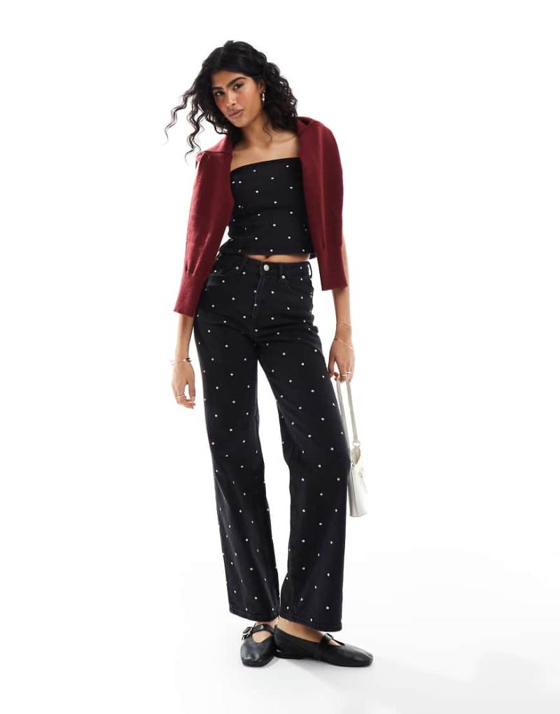 Vero Moda - Tessa - Weit geschnittene Jeans in Schwarz mit gesticktem Punktemuster, Kombiteil von Vero Moda