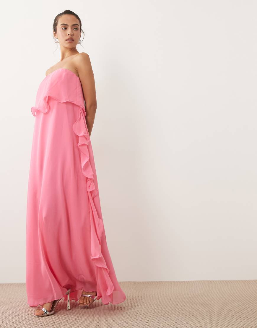 Vero Moda - Trägerloses Chiffon-Maxikleid in Pink mit Rüschenborte-Rosa von Vero Moda
