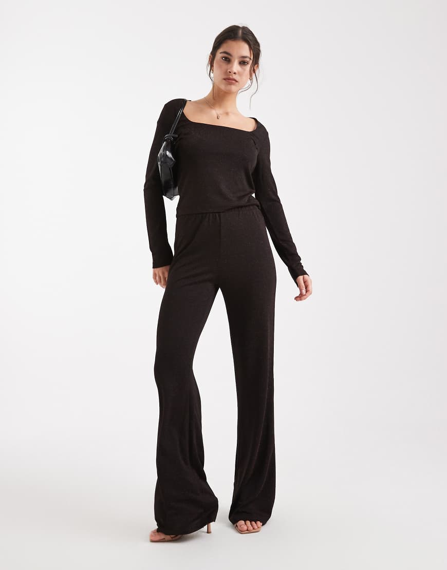 Vero Moda - Weit geschnittene Glitzer-Hose in Schokobraun und Kupfer, Kombiteil-Brown von Vero Moda