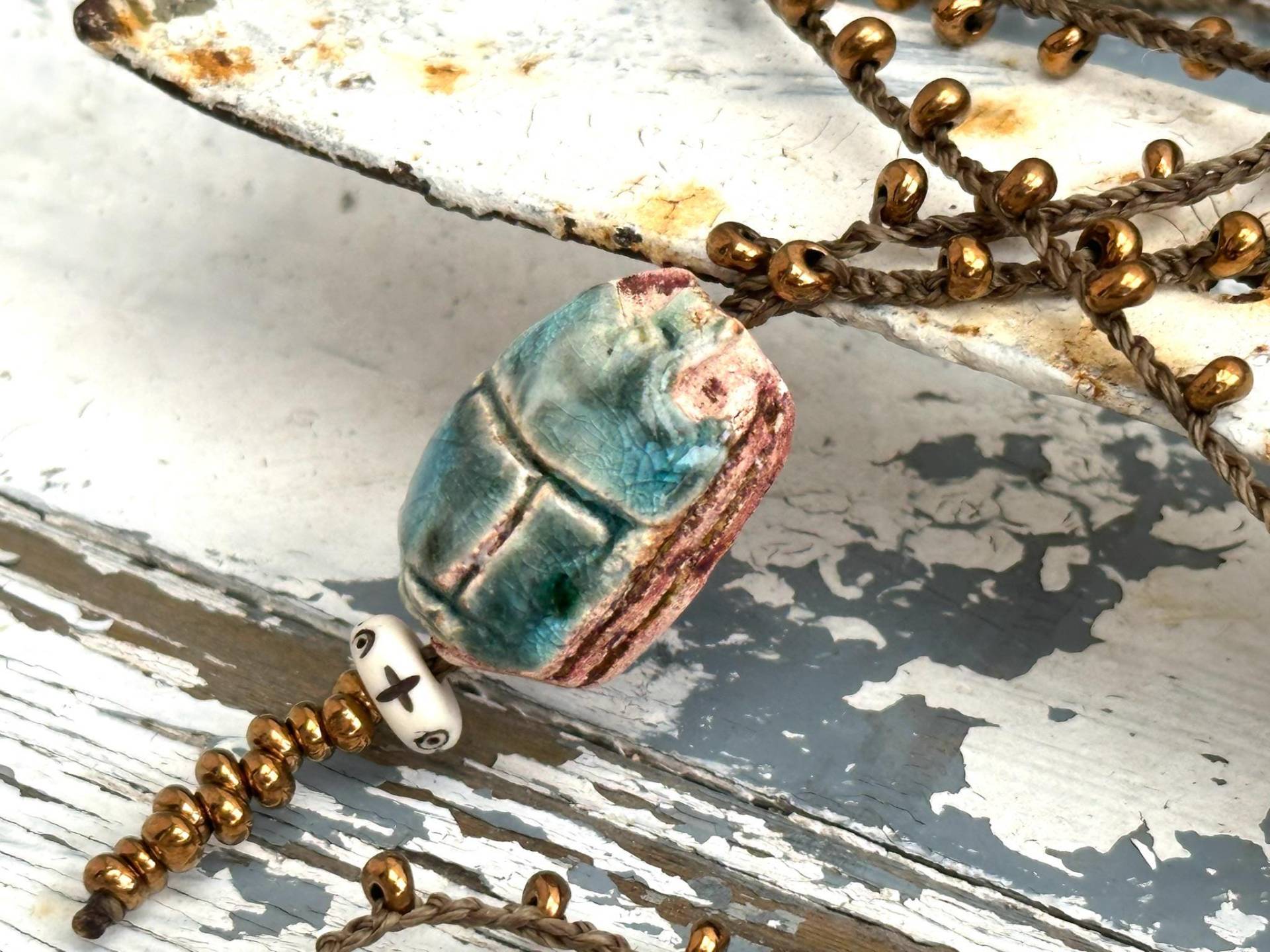 Skarabäus Aus Keramik - Lange Kette Glasperlen Hippie Style 90cm von Verperlthoch2