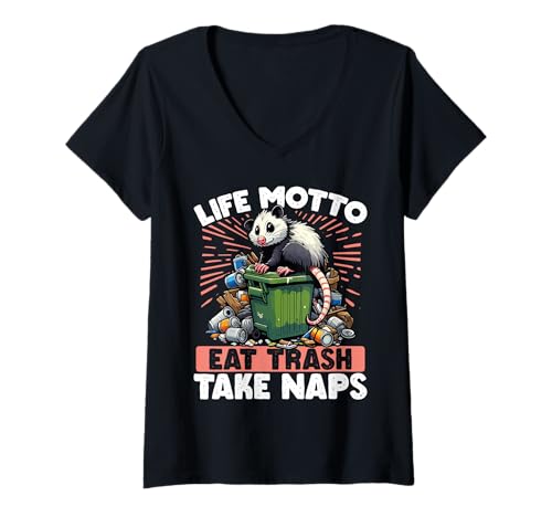 Damen Lebensmotto: Müll Essen, Nickerchen Machen, Lustiges Opossum T-Shirt mit V-Ausschnitt Damen Lebensmotto: Müll Essen, Nickerchen Machen, Lustiges Opossum T-Shirt mit V-Ausschnitt von Verrückte Opossum-liebhaber Und Lustiger Tierhumor