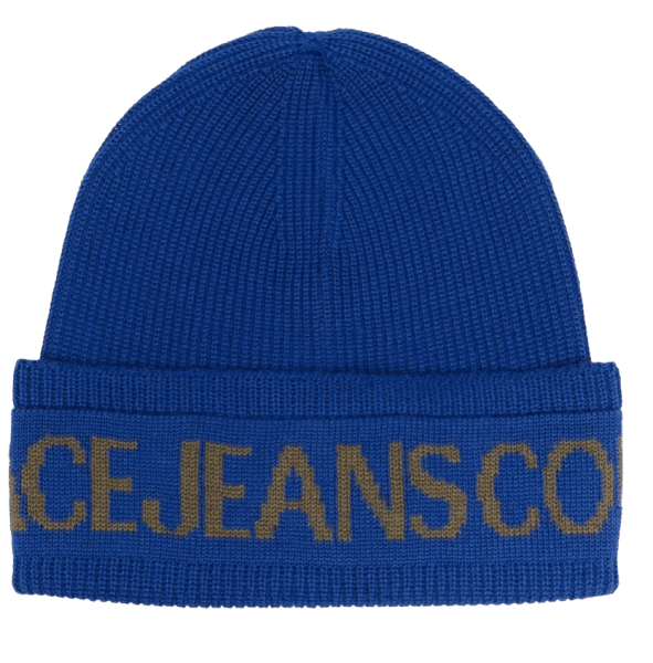 Versace Jeans Couture - Versace Jeans Couture Big Beanie-Mütze, Logoumschlag, Blau-Oliv von Versace Jeans Couture