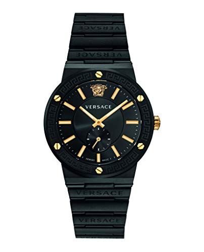 Versace Greca Logo Collection Luxuriöse Herren-Armbanduhr mit einem schwarz/goldenen Armband mit einem IP-Schwarz/IP-Gelbgold-Gehäuse und schwarzem Zifferblatt, Schwarz, OS, Versace Greca-Logo von Versace