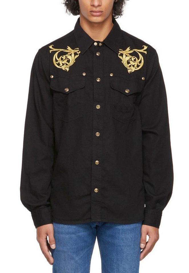 Versace Langarmhemd Regalia Baroque Denim Hemd Jacke Lose Fit Goldfarbene,logo-gravierte Hardware mit Barock-Stickerei von Versace